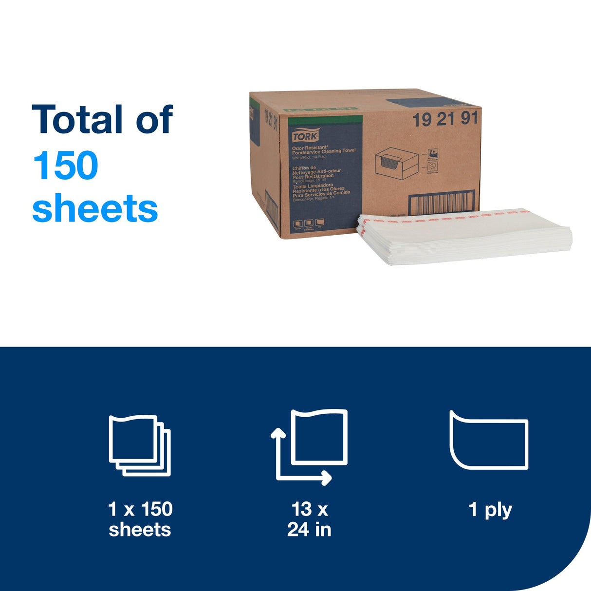 Wipers, Foodservice, Antimicrobial, White with Red Stripe, 13 x 24 Inch, Self-Dispensing Box,1 - 150 COUNT