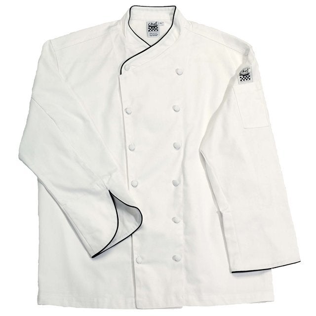 Jacket, Chef, Long Sleeve, Corporate, White with Black Piping, Extra Small, Poly/Cotton Blend,1 - 1 EACH