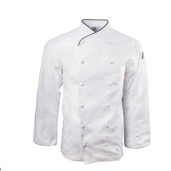 Jacket, Chef, Long Sleeve, Corporate, White with Black Piping, Small, Poly/Cotton Blend,1 - 1 EACH