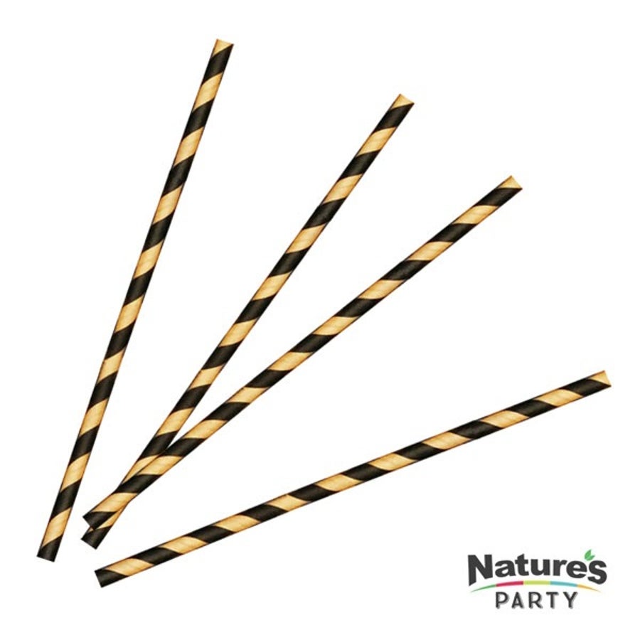 Straws, 8.3 Inch, Paper, Gold & Black Striped, Coated in Bees Wax, 8.3 Linear Inch,24 - 25 COUNT