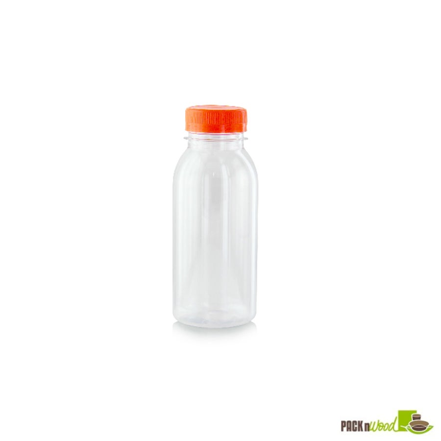 Bottles, 7.8 Ounce, Round, Clear, Polyethylene, with Orange Cap,80 - 7.8 OUNCE