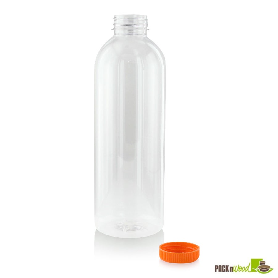 Bottles, 34 Ounce, Round, Clear, Polyethylene, with Orange Cap, 34 Ounce,1 - 34 COUNT
