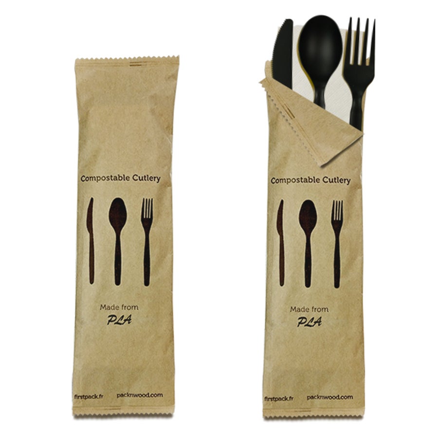 Cutlery Kits, Fork/Knife/Spoon, Plastic, Black, With Napkin,5 - 50 COUNT