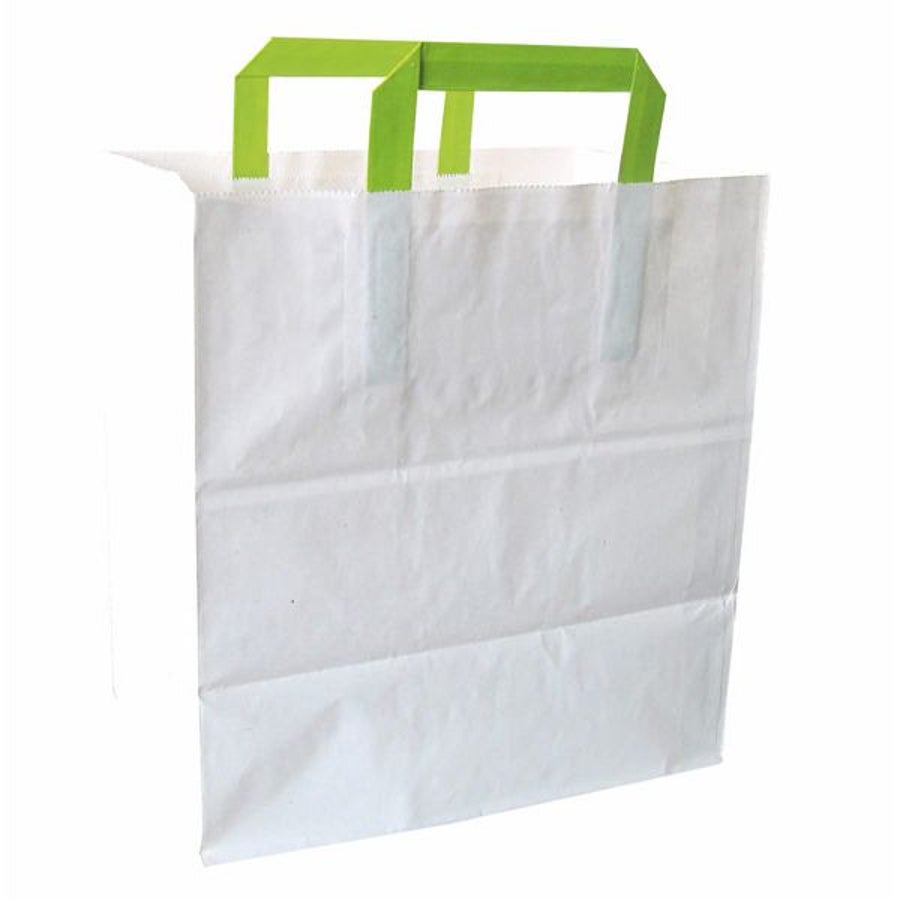 Bags, 6.6 x 10.3 x 11 Inch, Paper, White, with Green Handles,1 - 250 COUNT