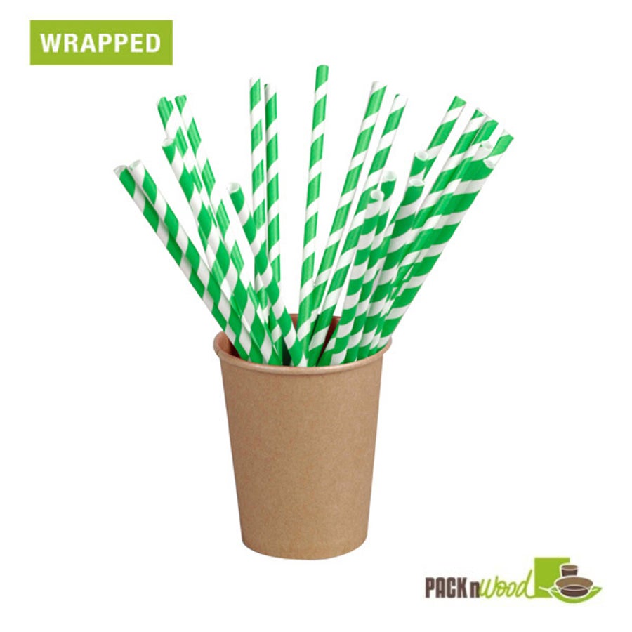Straws, 7.75 Inch, Paper, Green Striped, Wrapped, Coated with Bees Wax, 7.75 Linear Inch,6 - 500 COUNT