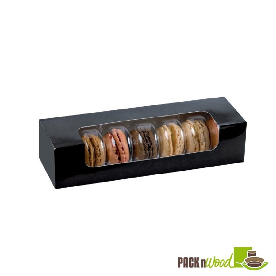 Boxes, Macaron, 8.5 x 2.7 x 1.9 Inch, Paper, Black, With Window Lid, For 7 Macarons,5 - 50 COUNT