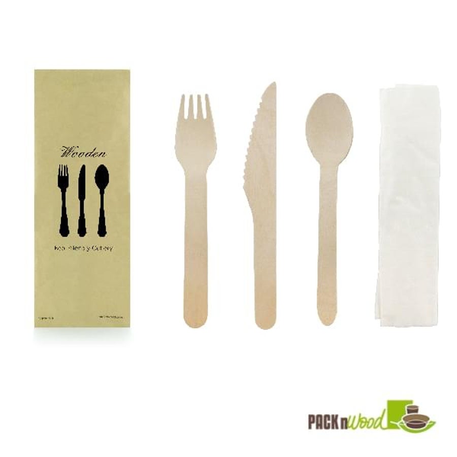 Cutlery Kits, Fork/Knife/Spoon, Wooden, with Napkin & Wrapped in Kraft Paper,5 - 50 COUNT