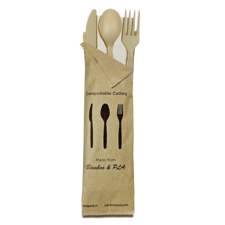 Cutlery Kits, 6 Inch, Bamboo Fiber & PLA, Natural, with Kraft Bag, Biodegradeable,5 - 50 COUNT