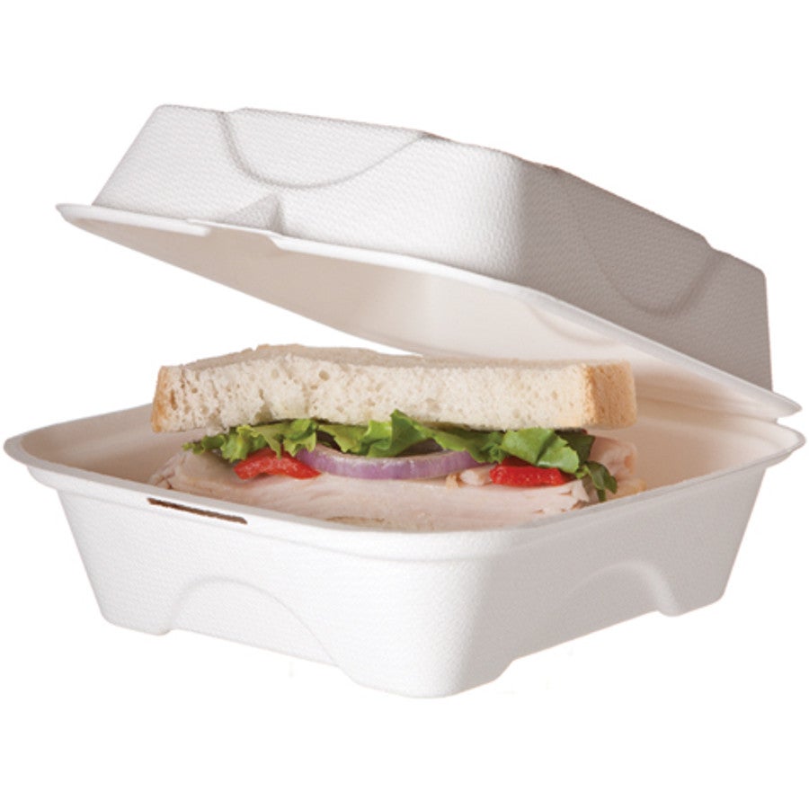 Containers, 1 Compartment, 6 x 6 x 3 Inch, Sugarcane Bagasse, White, Square, Hinged Lid,1 - 500 COUNT