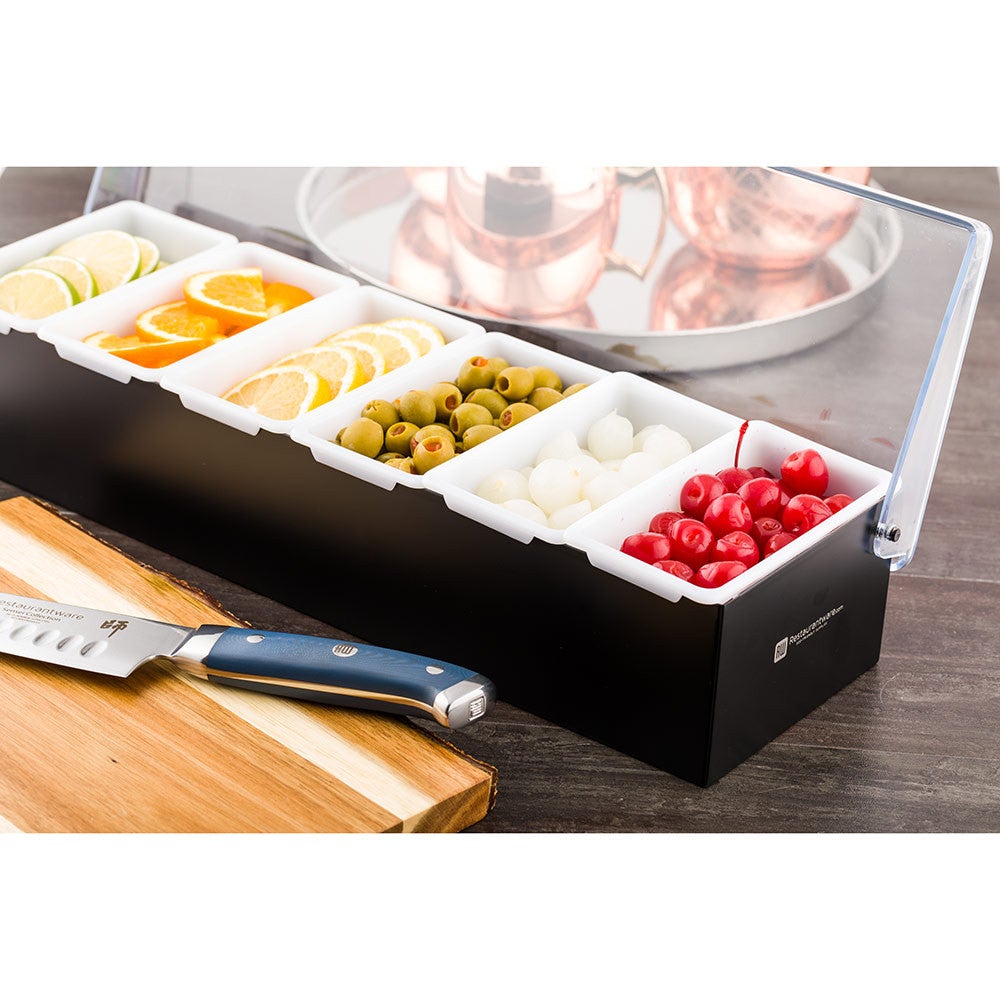 Caddy, Condiment, 6-Compartment, Stainless Steel, with Clear Plastic Lid,1 - 1 COUNT