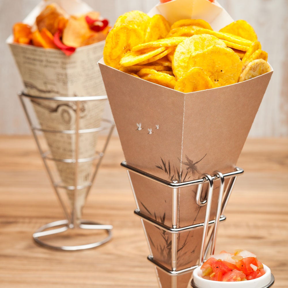 Containers, Food, 10 Inch, Paper, Bamboo Design, Cone, with Dipping Pocket, 10 Linear Inch,1 - 100 COUNT