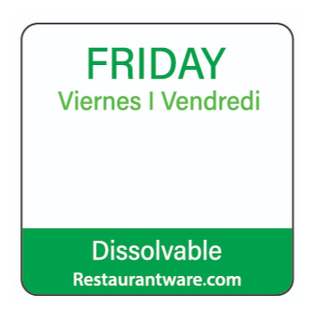 Label, Friday Food Rotation, 1 x 1 Inch, Dissolvable, Green, Trilingual,1 - 500 COUNT