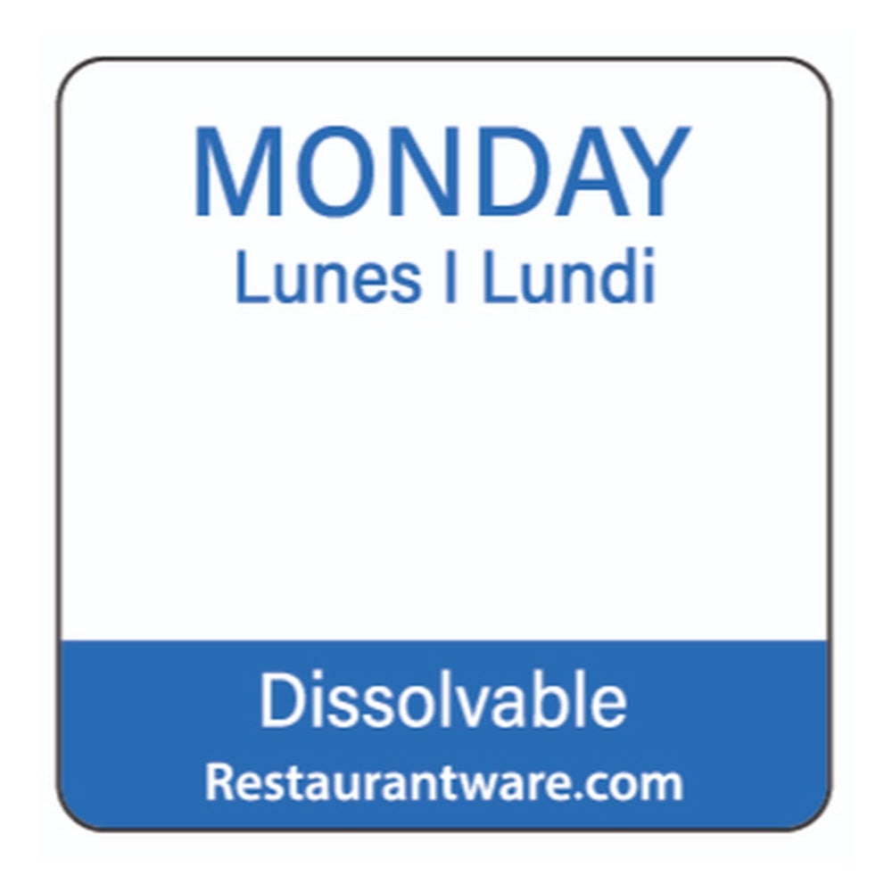 Label, Monday Food Rotation, 1 x 1 Inch, Dissolvable, Blue, Trilingual,1 - 500 COUNT