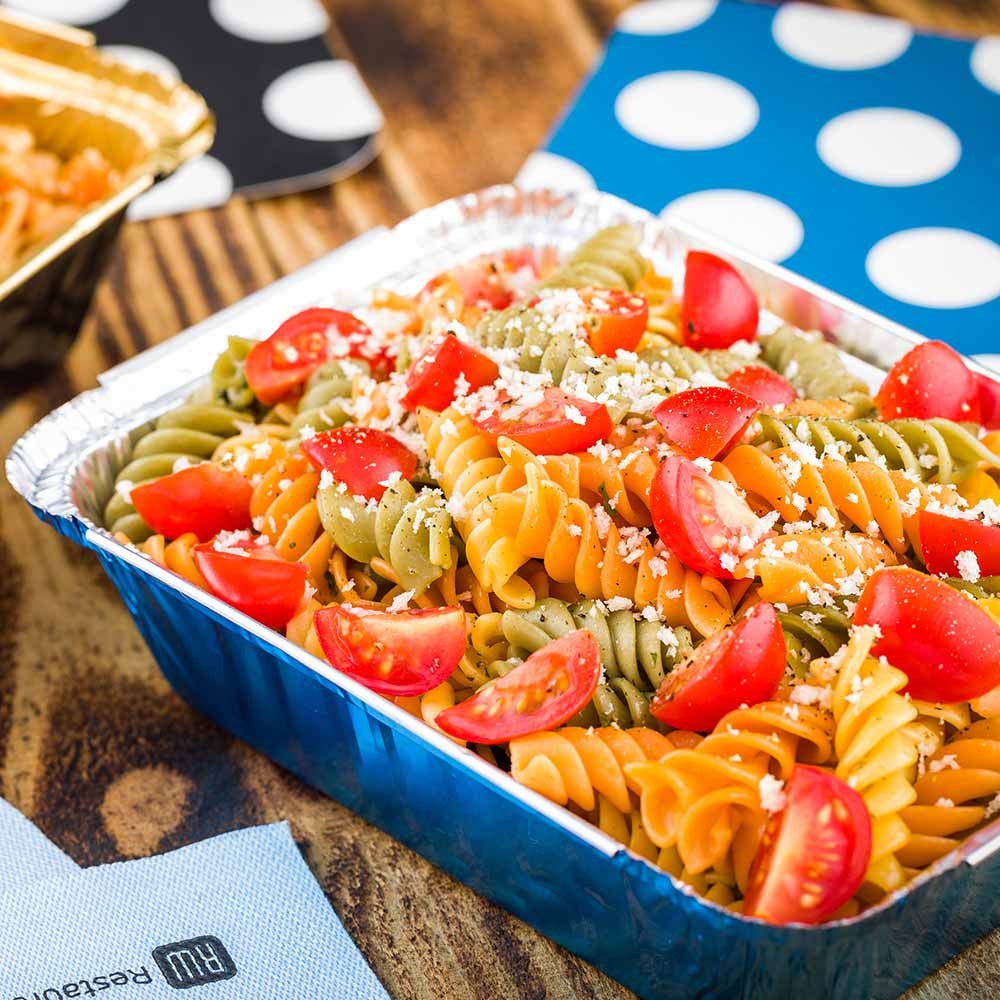 Container, Take-Out, Large 16 Ounce, Blue Foil, Rectangle, with Polka Dot Paper Lid, 16 Ounce,1 - 200 COUNT