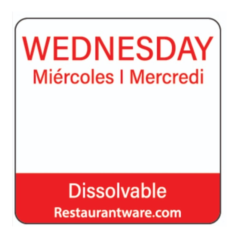Label, Wednesday Food Rotation, 1 x 1 Inch, Dissolvable, Red, Trilingual,1 - 500 COUNT