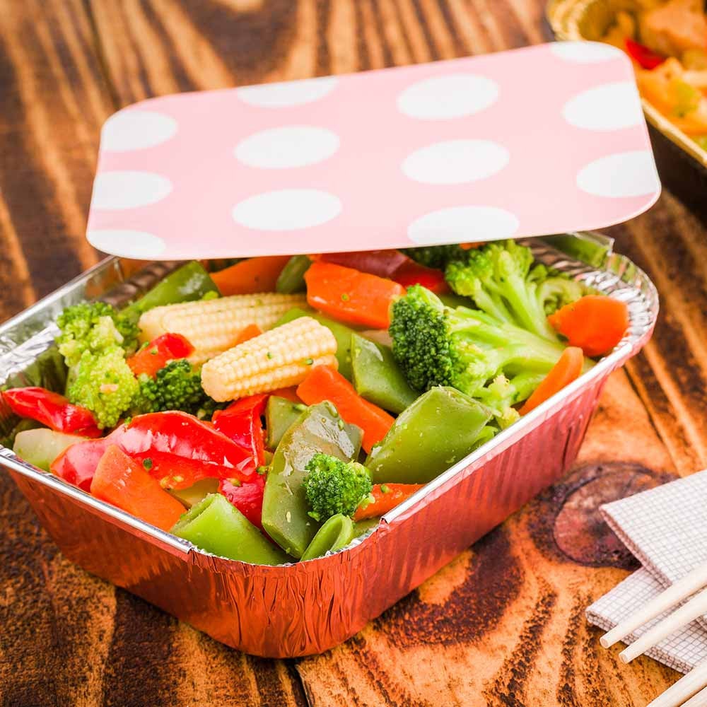 Container, Take-Out, Small 12 Ounce, Pink Foil, Rectangle, with Polka Dot Paper Lid, 12 Ounce,1 - 200 COUNT