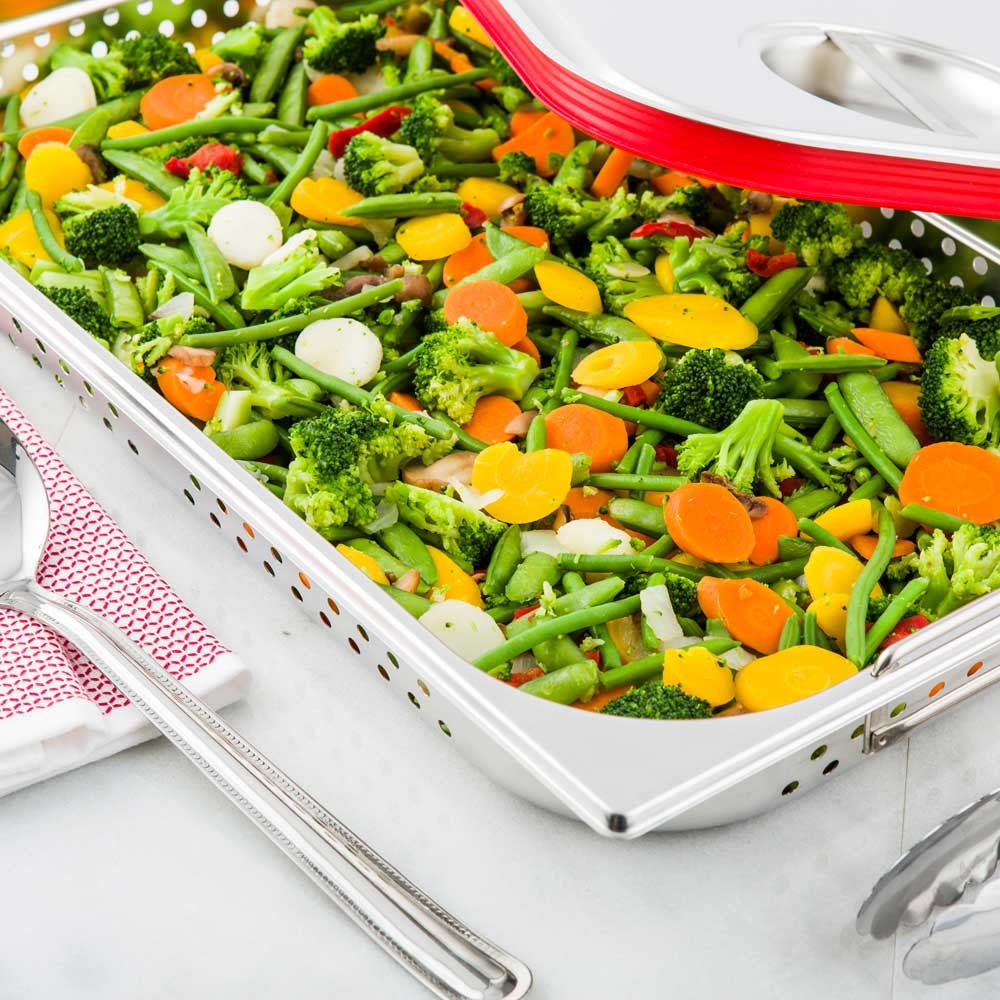 Pan, Steam Table, Full-Size, Stainless Steel, with 2.5 Inch Collapsible Handles, Perforated Anti Jam,1 - 1 COUNT