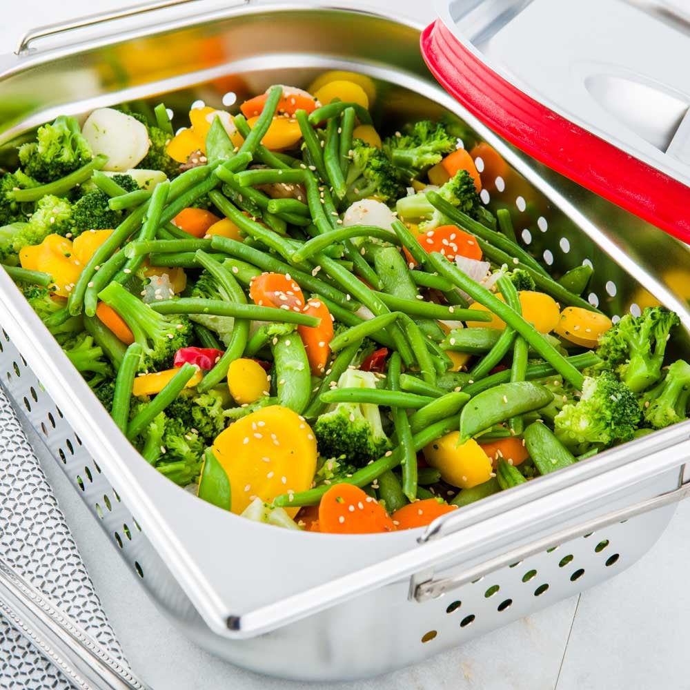 Pan, Steam Table, 1/2 Size, Stainless Steel, With 4 Inch Collapsible Handles, Perforated Anti Jam,1 - 1 COUNT