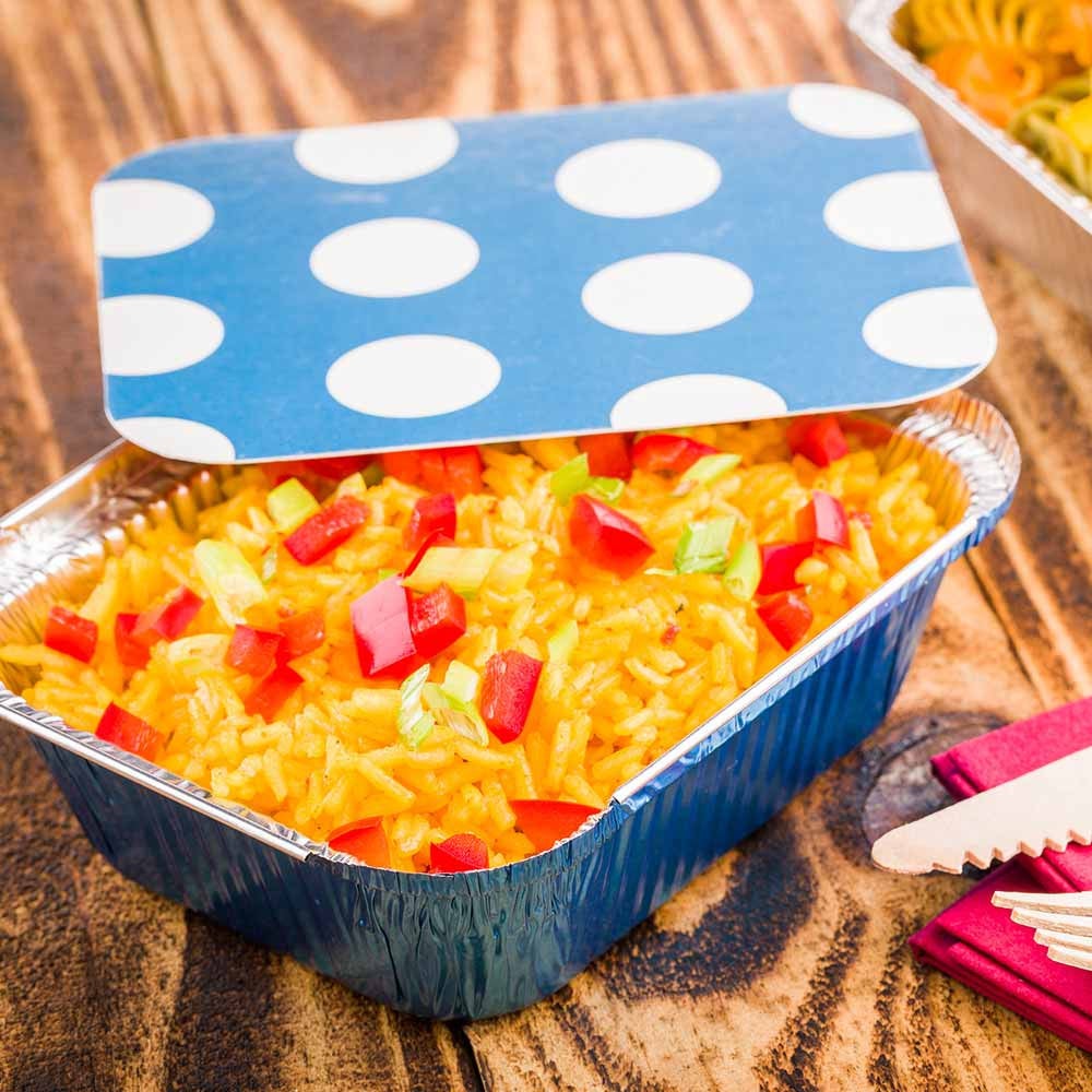 Container, Take-Out, Small 12 Ounce, Blue Foil, Rectangle, with Polka Dot Paper Lid, 12 Ounce,1 - 200 COUNT