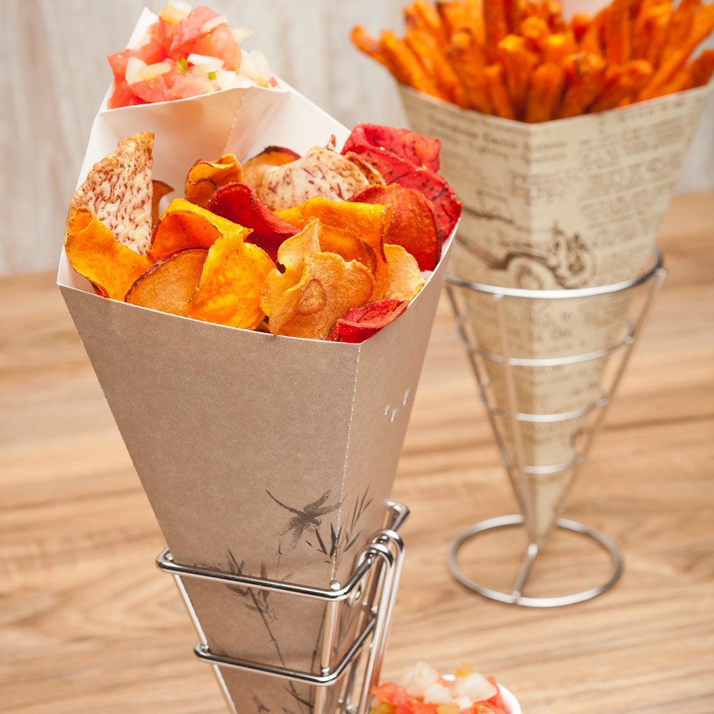 Containers, Food, 11.5 Inch, Paper, Bamboo Design, Cone, with Dipping Pocket, 11.5 Linear Inch,1 - 100 COUNT