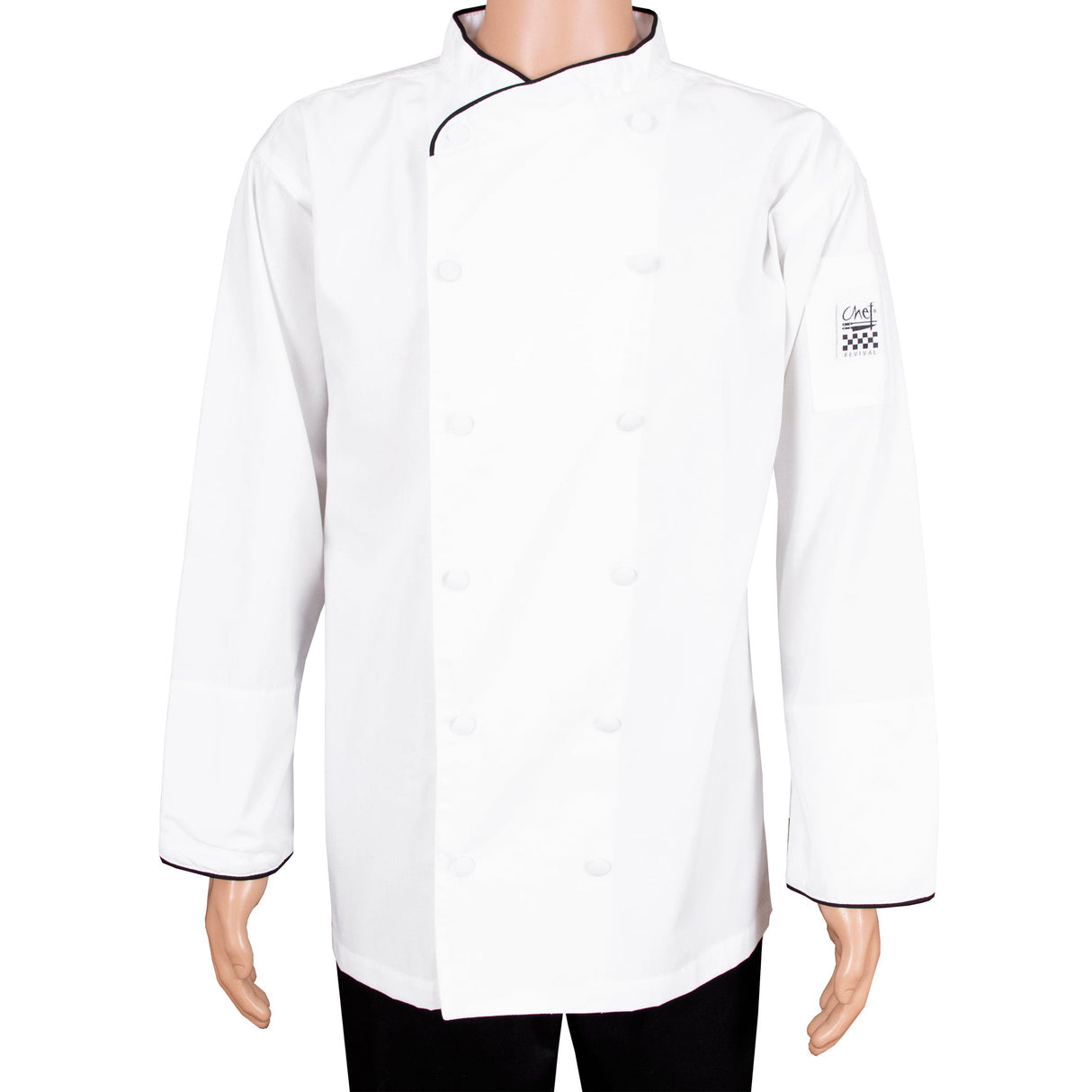 Jacket, Chef, Long Sleeve, Corporate, White with Black Piping, Extra Small, Poly/Cotton Blend,1 - 1 EACH