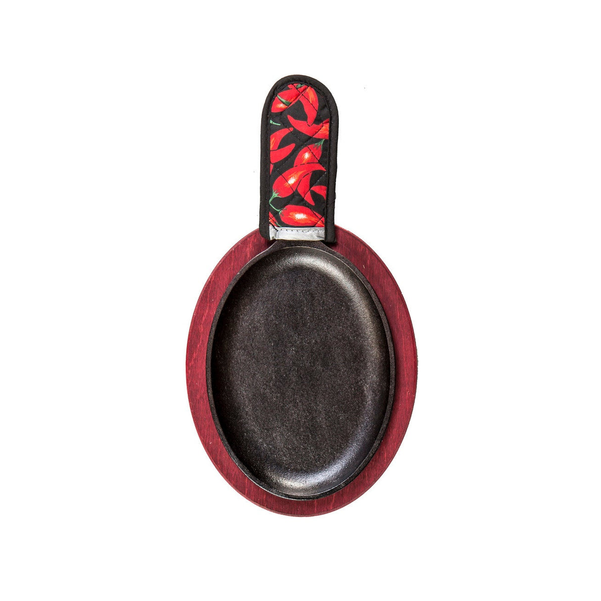 Sets, Fajita, 10 x 7.5 Inch, Pre-Seasoned, Cast Iron, with Red Wooden Underliners & Chili Pepper Print Handle Holders,6 - 1 EACH