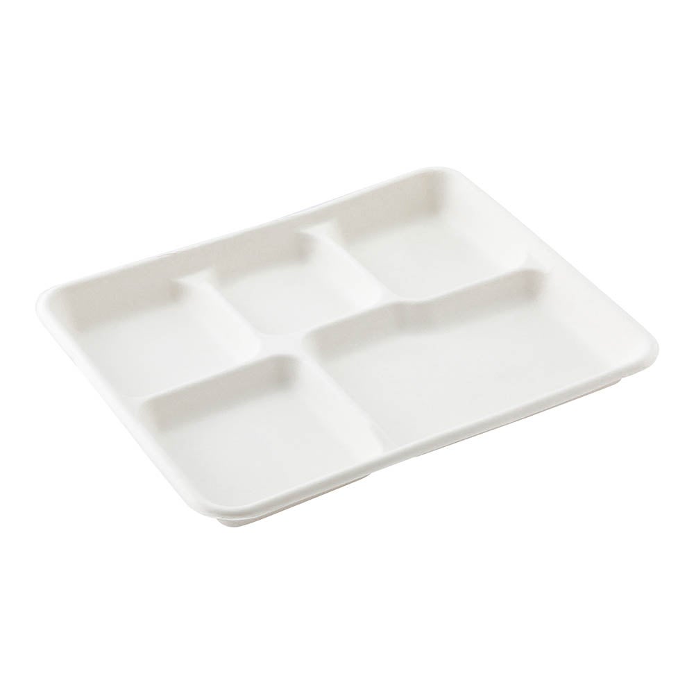 Trays, 5-Compartment, Pulp Tek 10.5 x 8.5 x 1 Inch, Sugarcane, White, Rectangular,1 - 100 COUNT