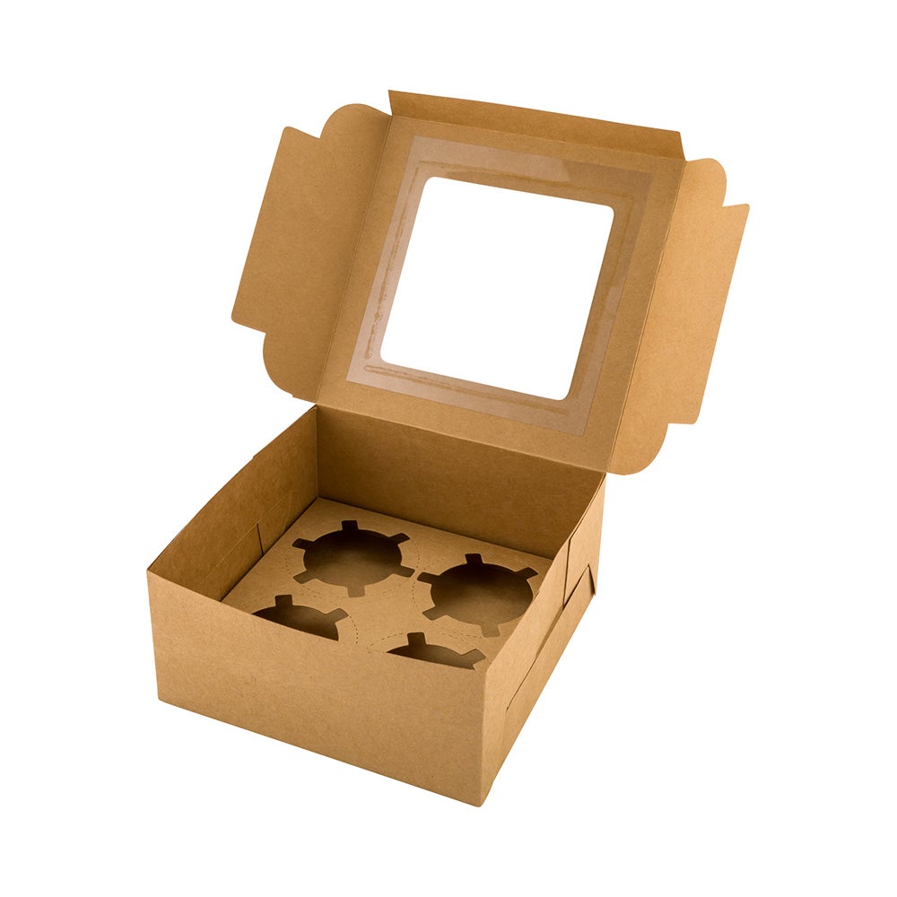 Boxes, Cupcake, 6.25 x 6.25 x 3 Inch, Paper, Kraft, Square, with Hinge Lock Lid & Transparent Window,1 - 100 COUNT