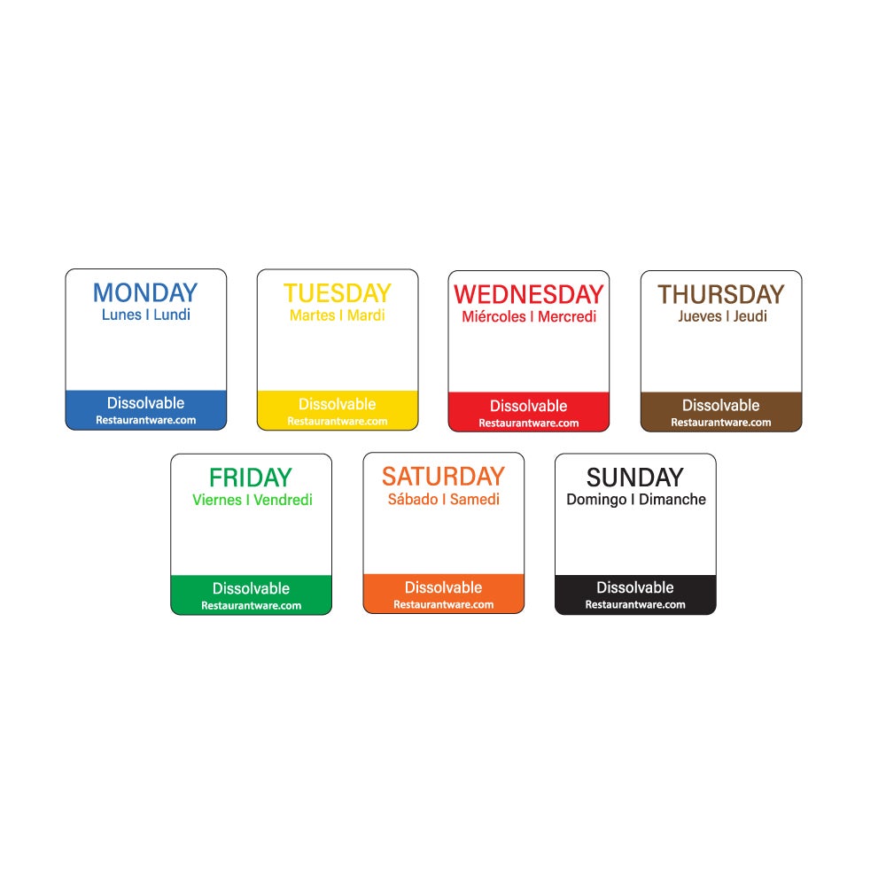 Labels, 7-Day Food Rotation, 1 x 1 Inch, Dissolvable, Multi-Color, Trilingual,1 - 3500 COUNT