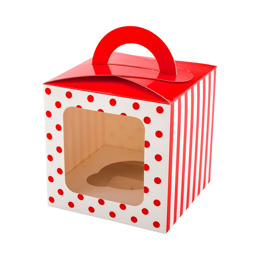Boxes, Cupcake, 4.5 Inch, Paper, Red Polka Dot, Square, with Transparent Window & Handle,1 - 100 COUNT