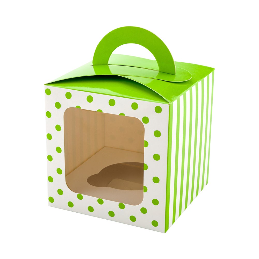 Boxes, Cupcake, 4.5 Inch, Paper, Green Polka Dot, Square, with Transparent Window & Handle,1 - 100 COUNT