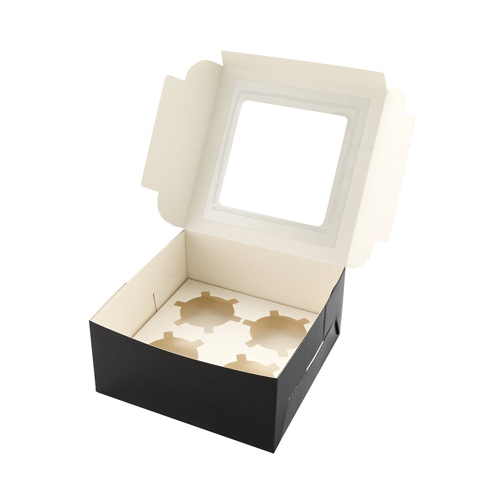 Boxes, Cupcake, 6.25 x 6.25 x 3 Inch, Paper, Black, Square, with Hinge Lock Lid & Transparent Window,1 - 100 COUNT
