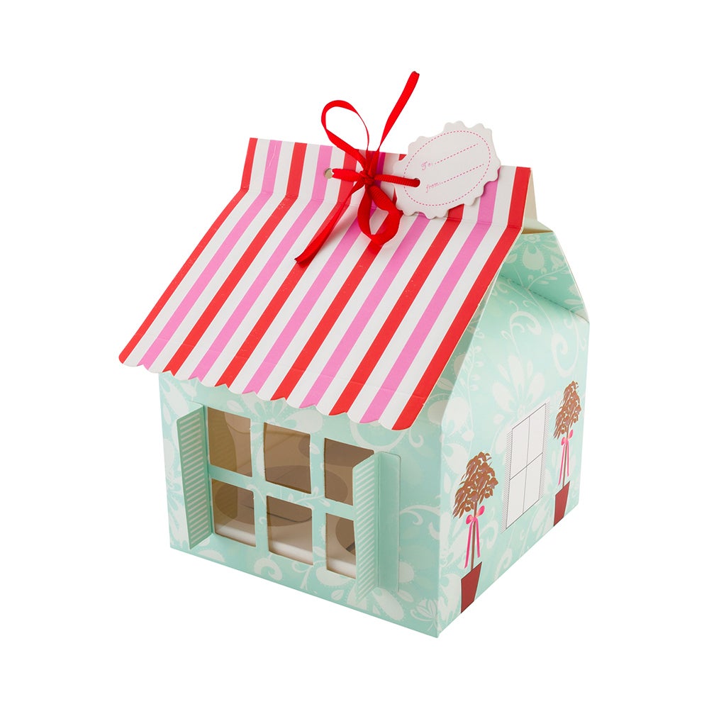 Boxes, Cupcake, 6 x 6 x 7.75 Inch, Paper, Pink & Blue, Petite House, with Windows & Ribbon,1 - 100 COUNT