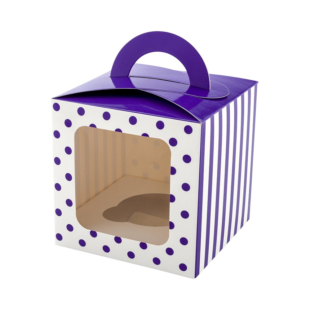 Boxes, Cupcake, 4.5 Inch, Paper, Purple Polka Dot, Square, with Transparent Window & Handle,1 - 100 COUNT