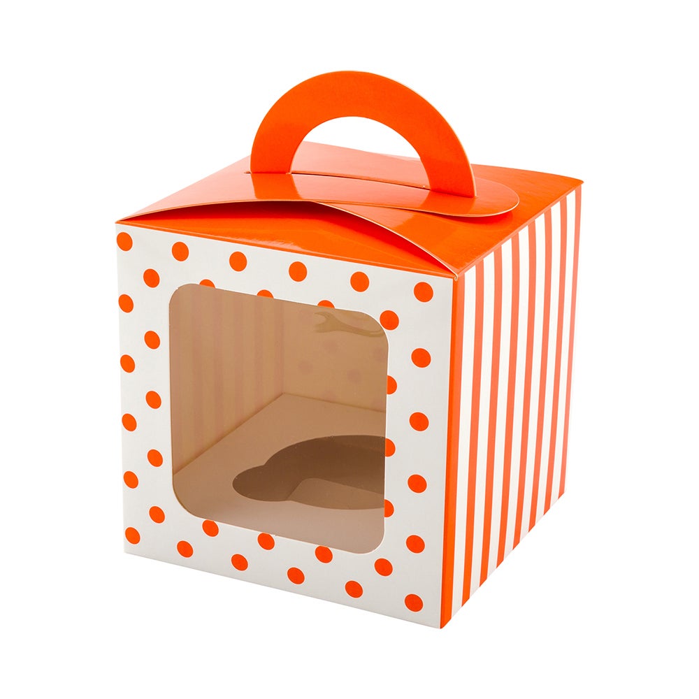 Boxes, Cupcake, 4.5 Inch, Paper, Orange Polka Dot, Square, with Transparent Window & Handle,1 - 100 COUNT