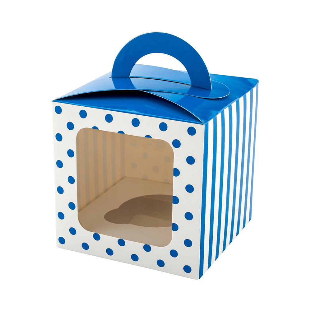 Boxes, Cupcake, 4.5 Inch, Paper, Blue Polka Dot, Square, with Transparent Window & Handle,1 - 100 COUNT