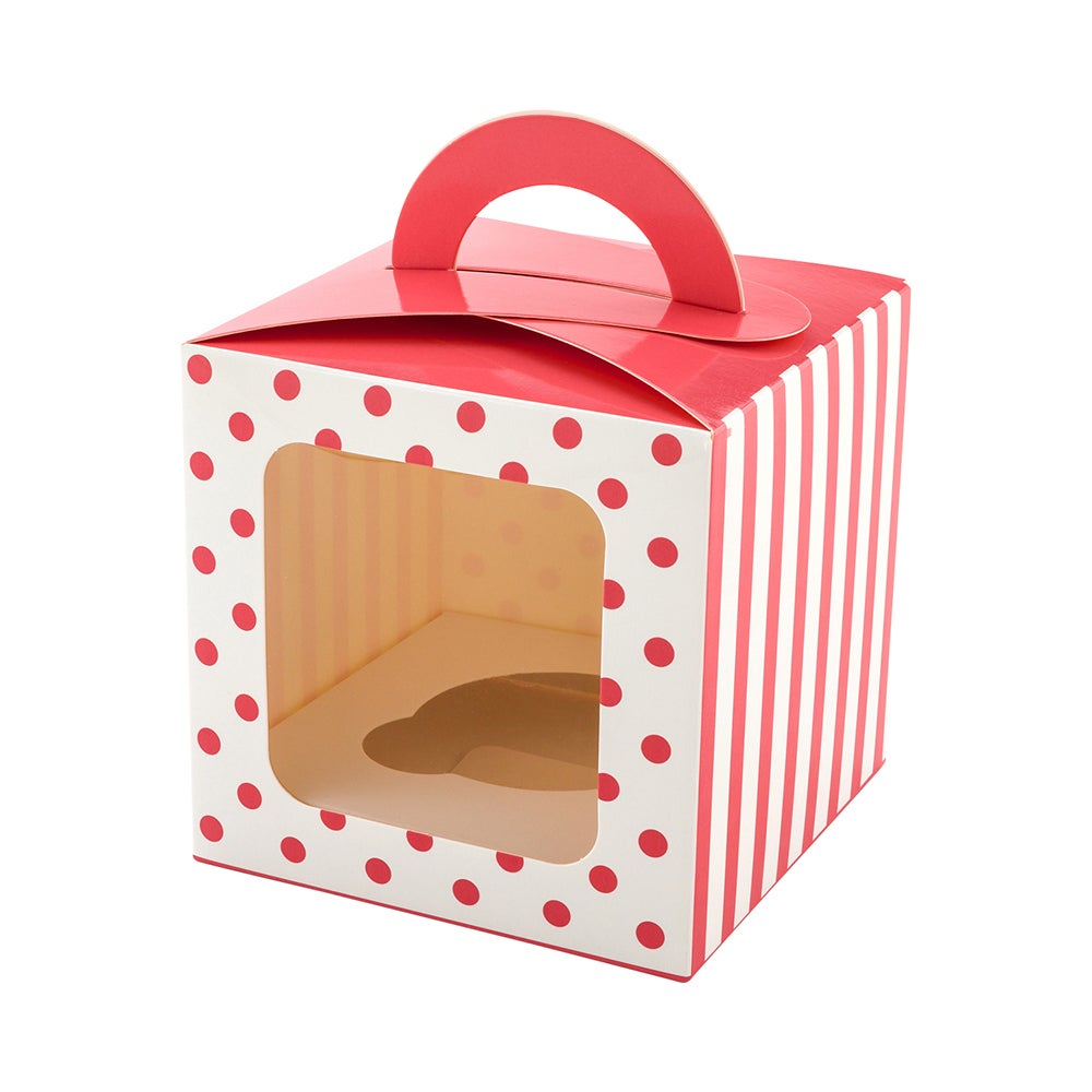 Boxes, Cupcake, 4.5 Inch, Paper, Pink Polka Dot, Square, with Transparent Window & Handle,1 - 100 COUNT