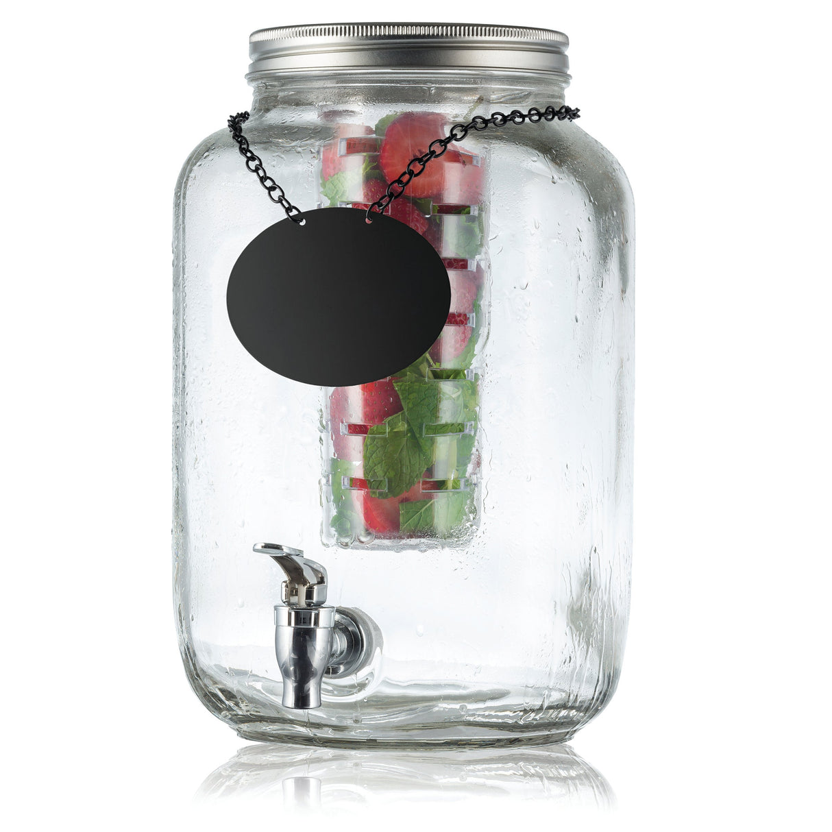 Beverage Dispenser, Mason Jar, 2 Gallon, Glass, with Infuser/Ice Core/Chalkboard,1 - 1 EACH
