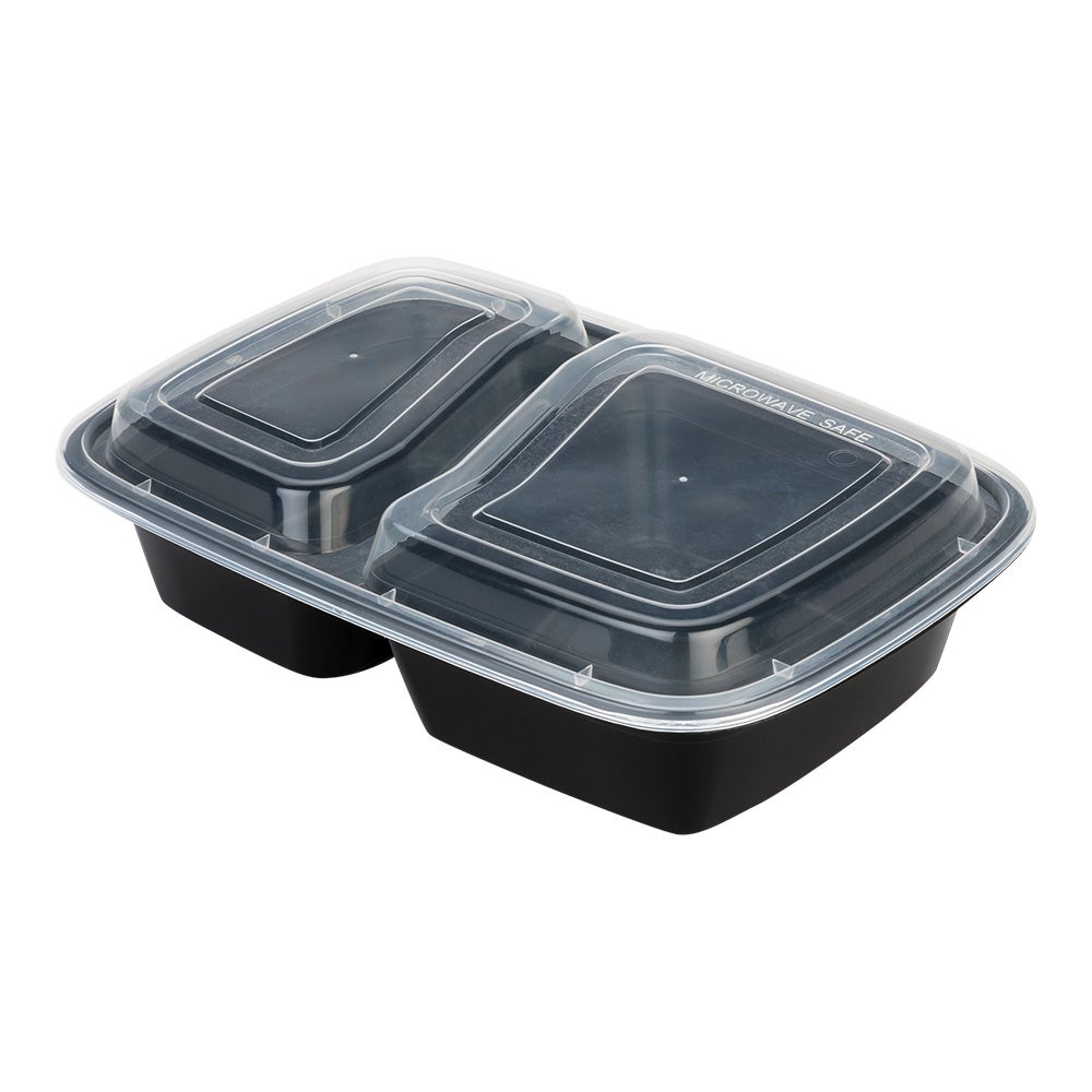 Containers, 2-Compartment, 32 Ounce-8.75 x 6 x 2 Inch, Microwavable Plastic, Black, with Lid,1 - 100 COUNT