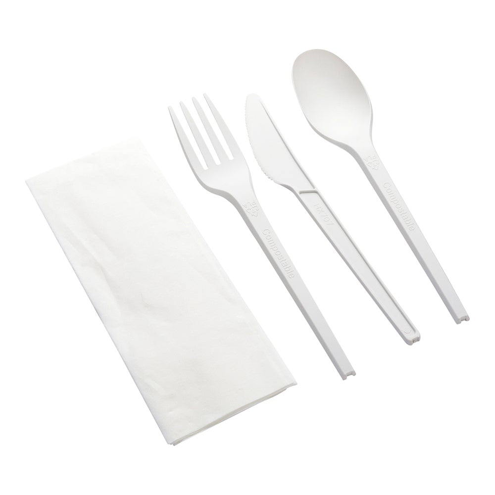 Cutlery Kits, Basic Nature, Plastic, White, with Napkin, Heat-Resistant & Compostable,1 - 100 COUNT