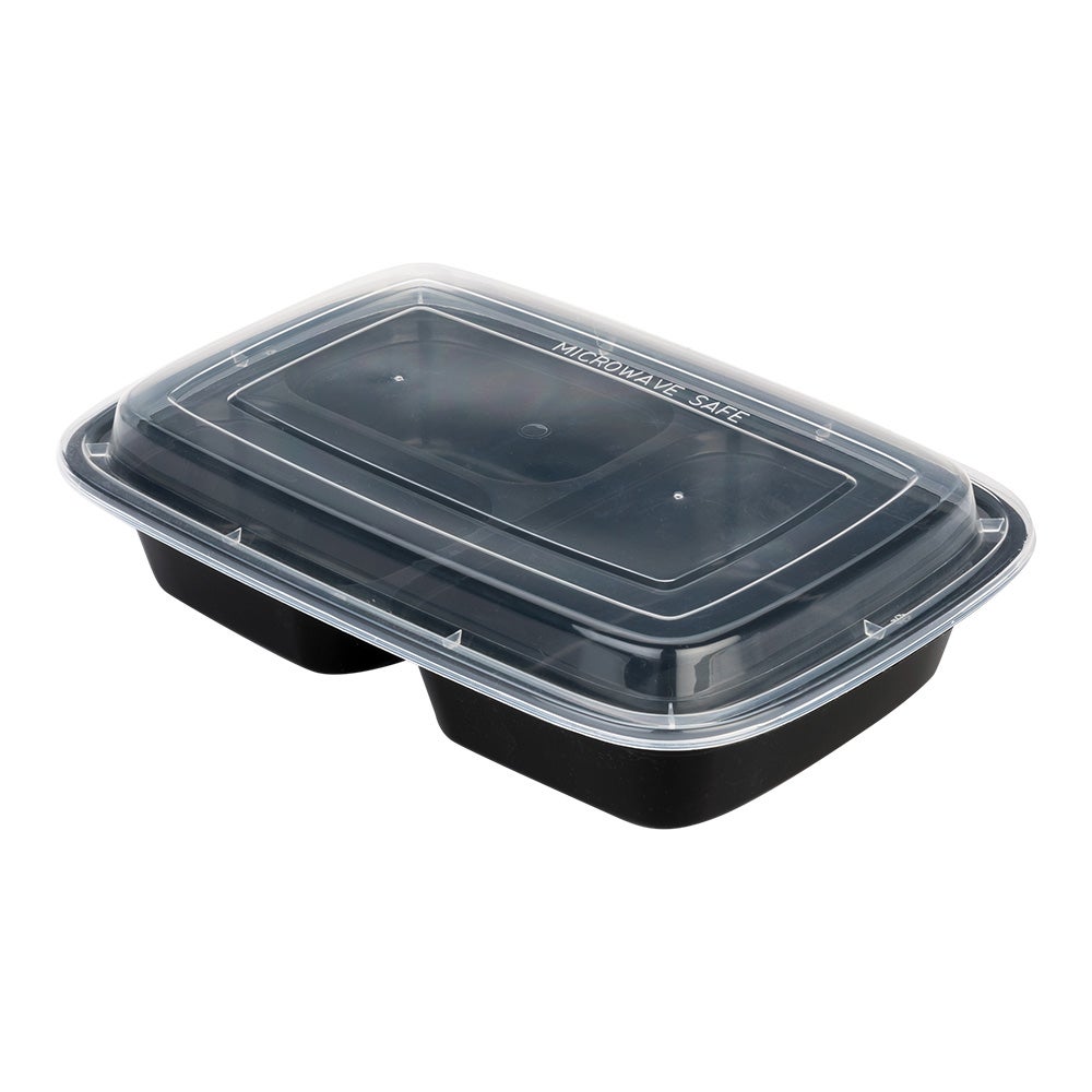 Containers, 3-Compartment, 26 Ounce - 8.75 x 6 x 1.75 Inch, Microwavable Plastic, Black, with Lid,1 - 100 COUNT
