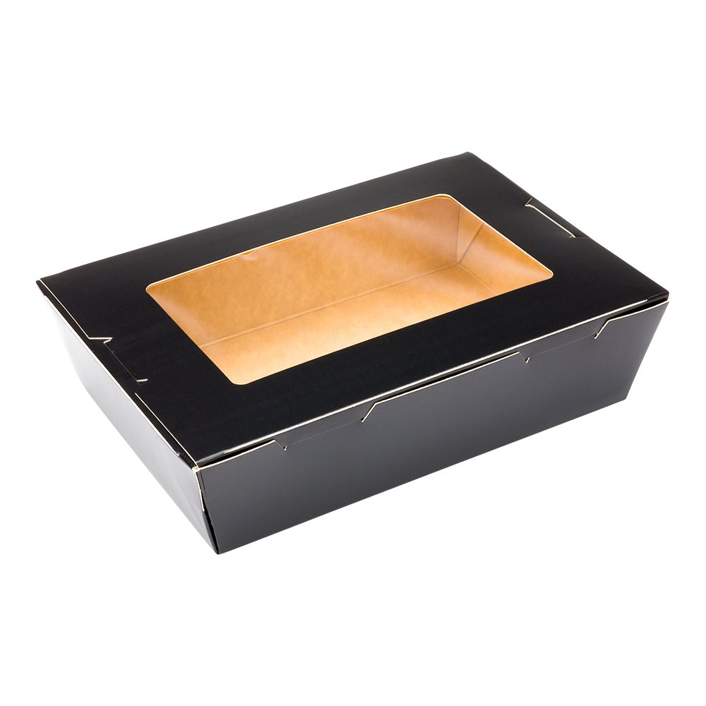 Boxes, Take-Out, 42 Ounce 8 x 5.5 x 2 Inch, Paper, Black, Rectangle, Hinge Lock, with Window,1 - 200 COUNT