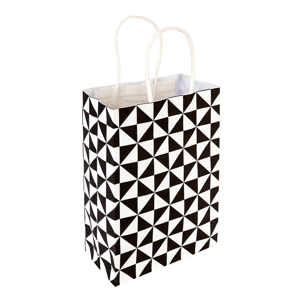 Bags, Shopping, 16 x 9.75 x 17.25 Inch, Paper, White, with Black Geo Print, with Handles,1 - 100 COUNT
