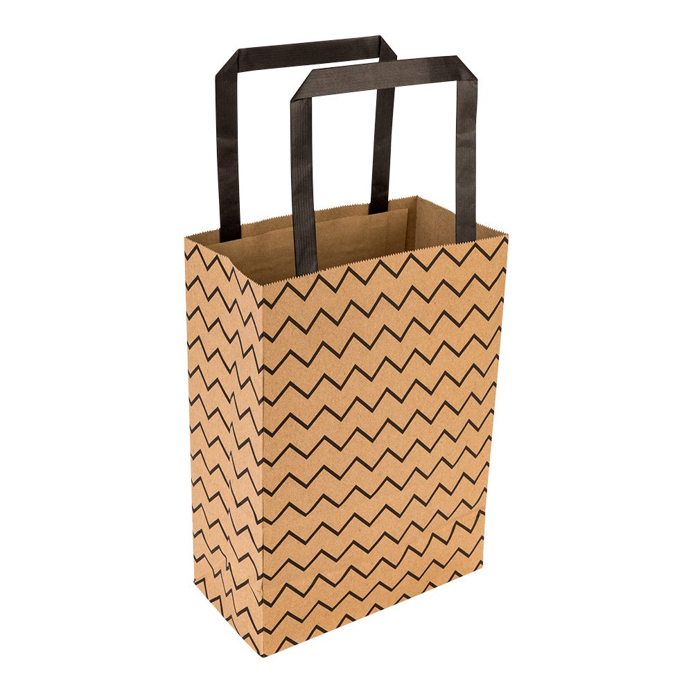 Bags, Shopping, 16 x 9.75 x 17.25 Inch, Paper, Kraft, with Black Zig Zags, with Handles,1 - 100 COUNT
