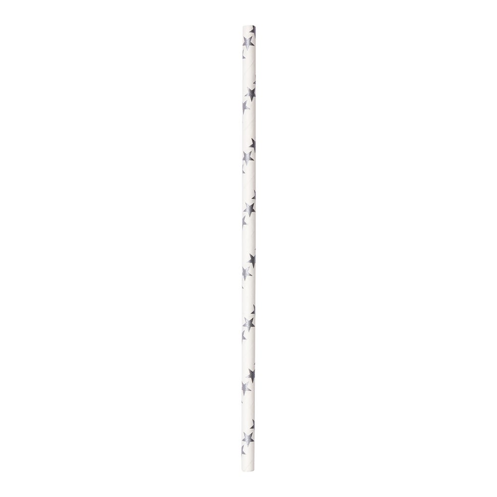 Straws, 7.75 Inch, Paper, White, with Metallic Silver Shooting Stars, Biodegradeable,1 - 100 COUNT