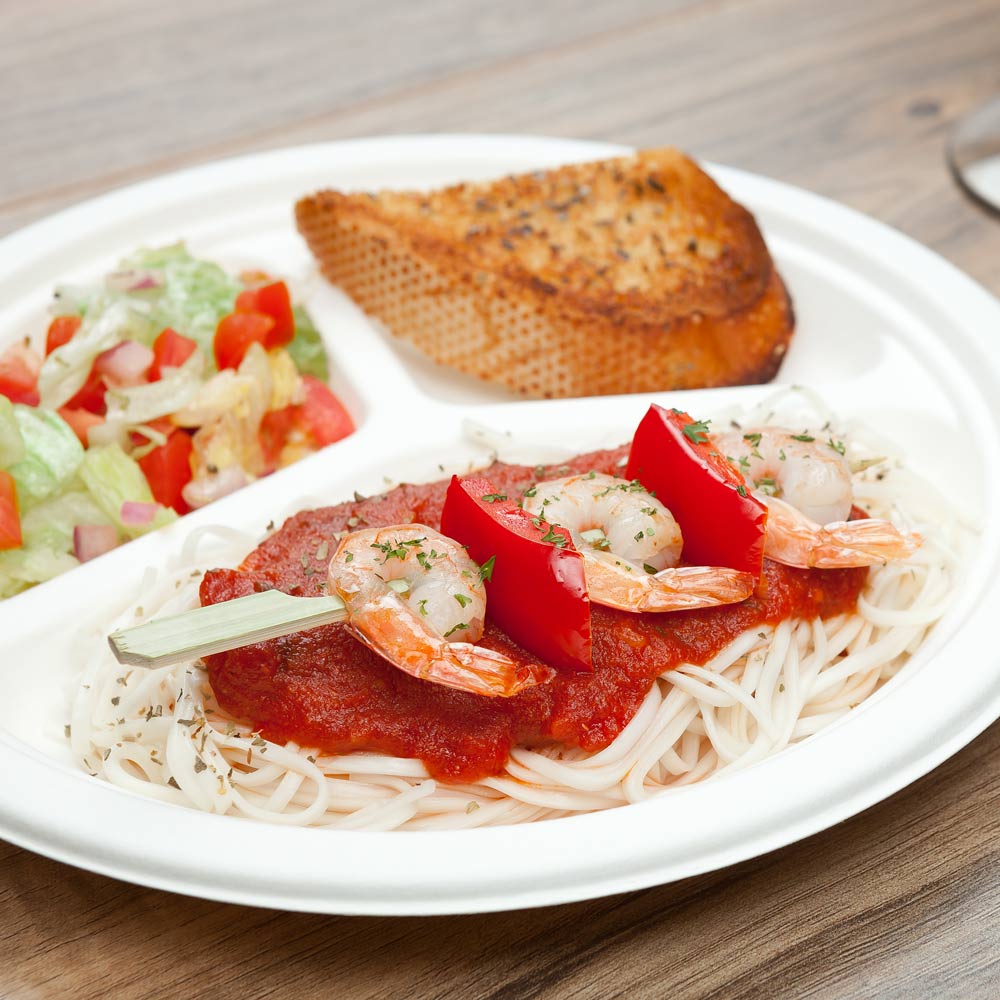 Plates, 3-Compartment, 10 Inch, Bagasse, White Collezione Design, Round, 10 Linear Inch,1 - 100 COUNT