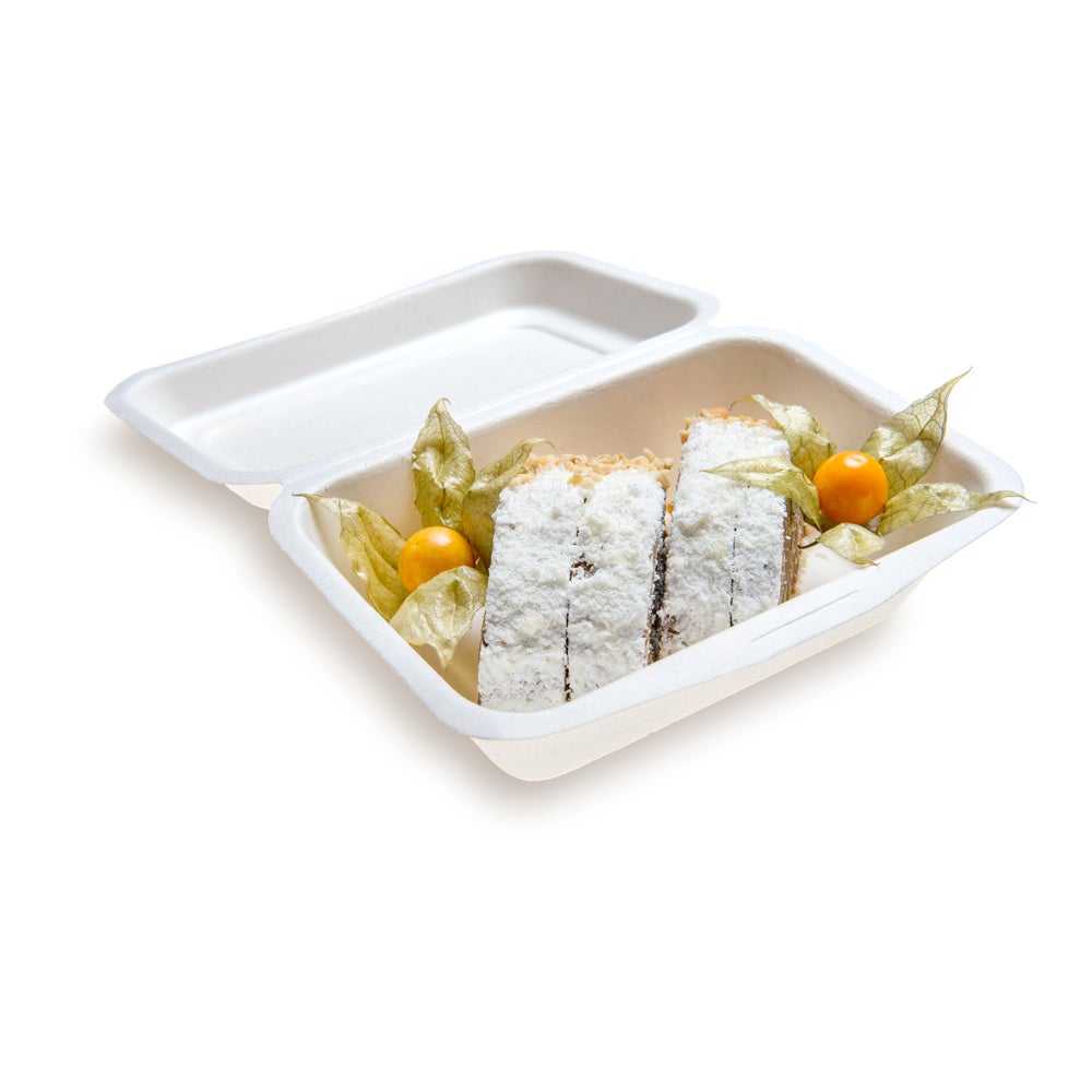 Containers, Take-Out, 7.25 x 5.5 x 2.5 Inch, Bagasse, White Collezione Design, Clamshell,1 - 100 COUNT