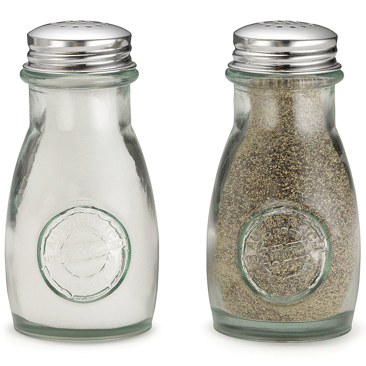 Shakers, Salt & Pepper, 4 Ounce, Authentic, Green, Recycled Glass with Stainless Steel Tops,24 - 1 EACH