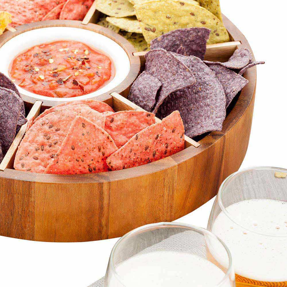 Plate, Chip & Dip, 12 x 12 x 1.38 Inch, Acacia Wood, with 6 Partitions & Porcelain Bowl, 12 Linear Inch,1 - 1 EACH