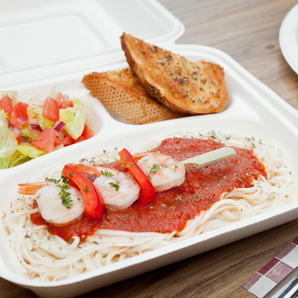 Containers, 3 Compartment, Extra-Large 10 Inch, Bagasse, White Collezione Design, Clamshell, 10 Linear Inch,1 - 100 COUNT